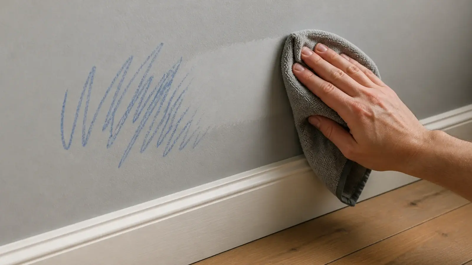 cleaning cloth wiping a crayon mark from painted eggshell bedroom wall