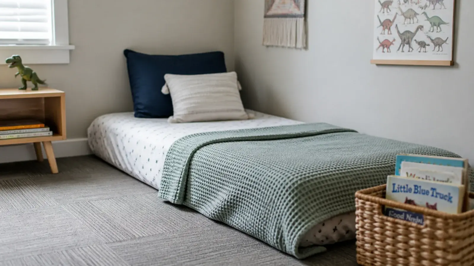 mattress on the floor pushed into a bedroom corner with two walls guarding