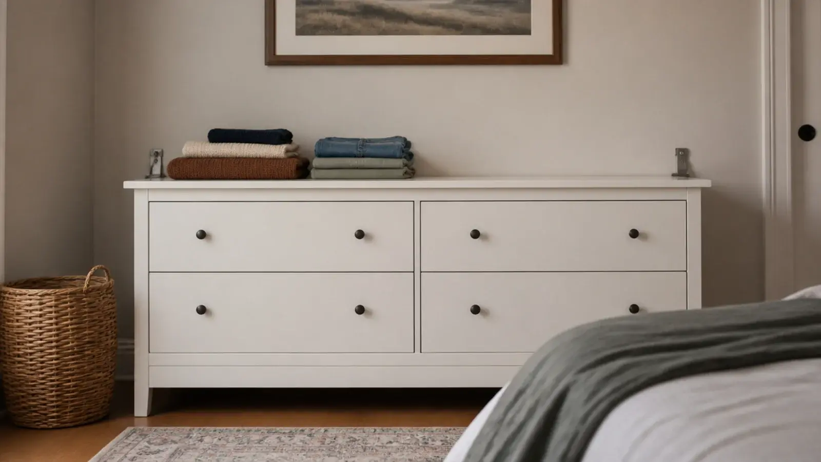 single wide low dresser strapped to the wall of a child bedroom