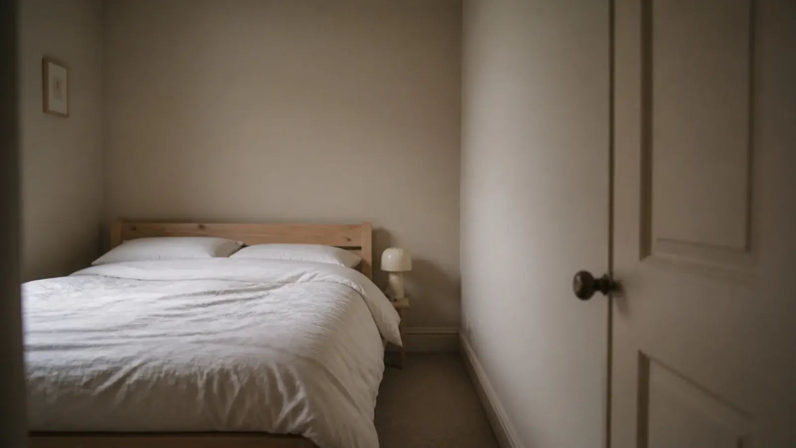 bedroom painted in a single soft shade across walls trim and door