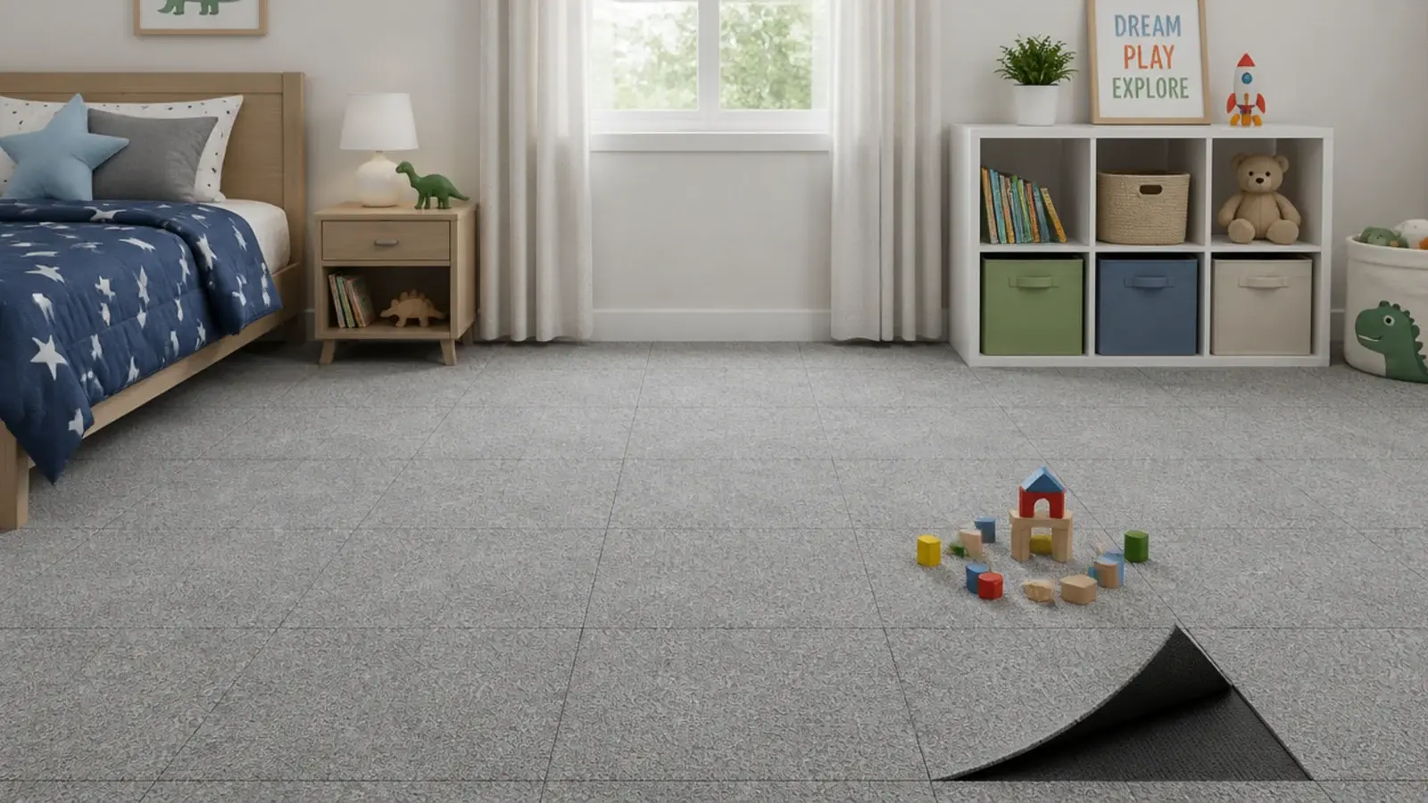 soft grey carpet tiles laid edge to edge across a child bedroom floor