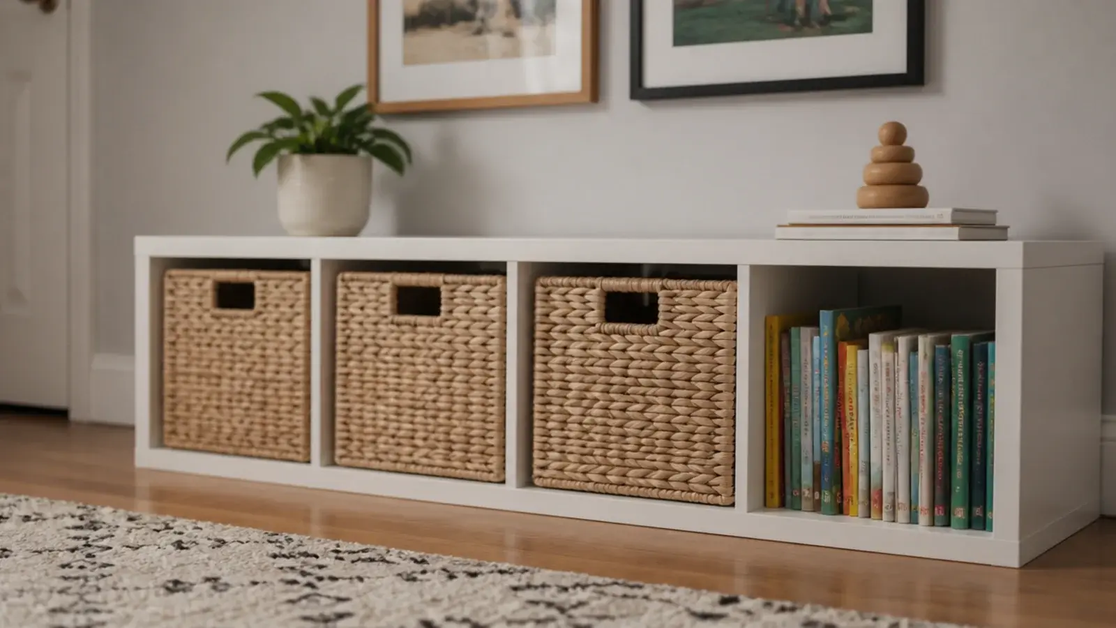 four cube storage unit laid horizontally as a low toy shelf