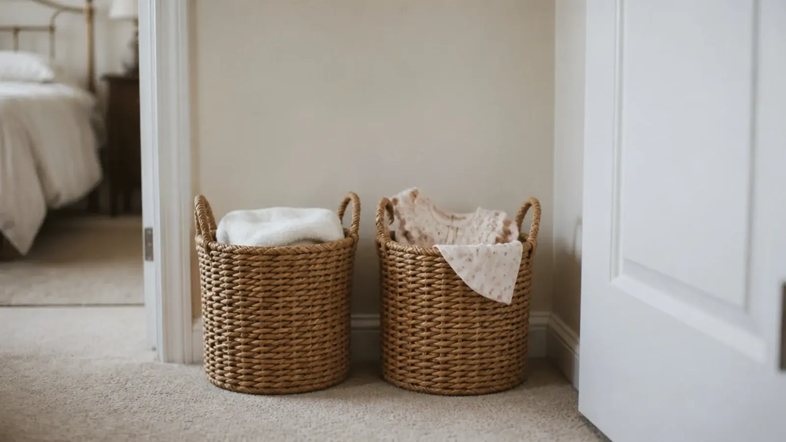 two small laundry baskets side by side near a bedroom doorway