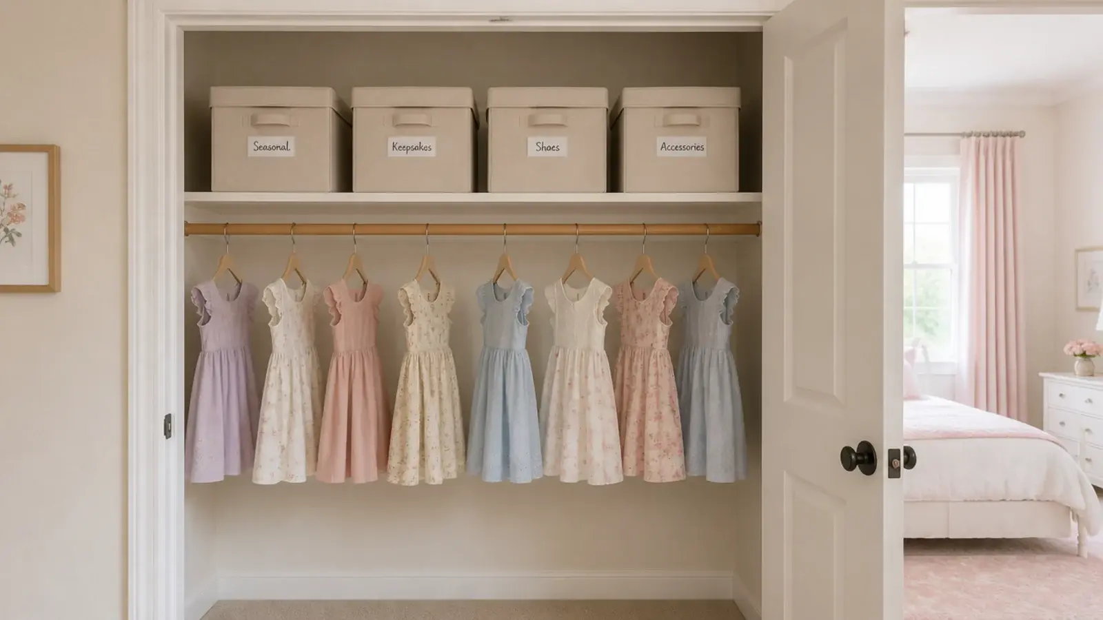 closet shelf holding labelled boxes of toys waiting to be rotated