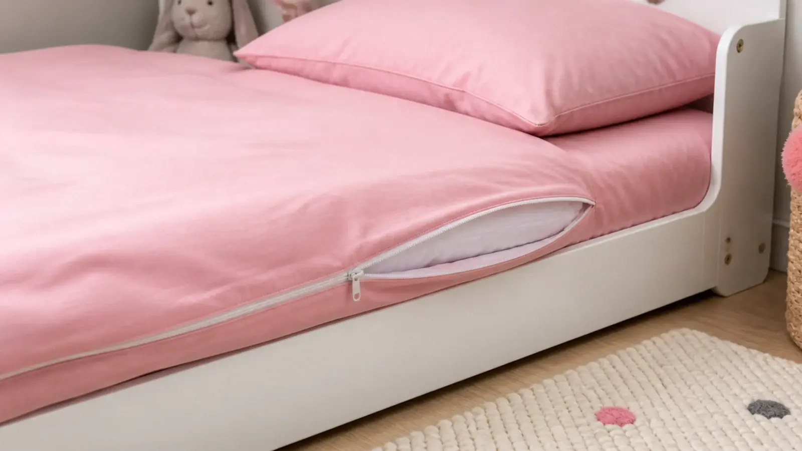 zip fastened duvet cover on a low bed with the zip half open