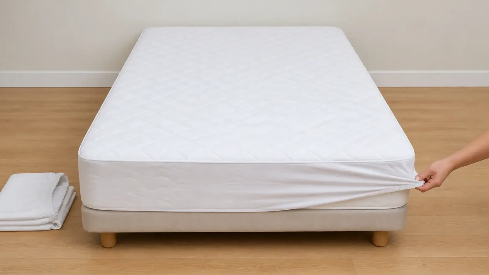 quilted waterproof mattress protector fitted over a single mattress
