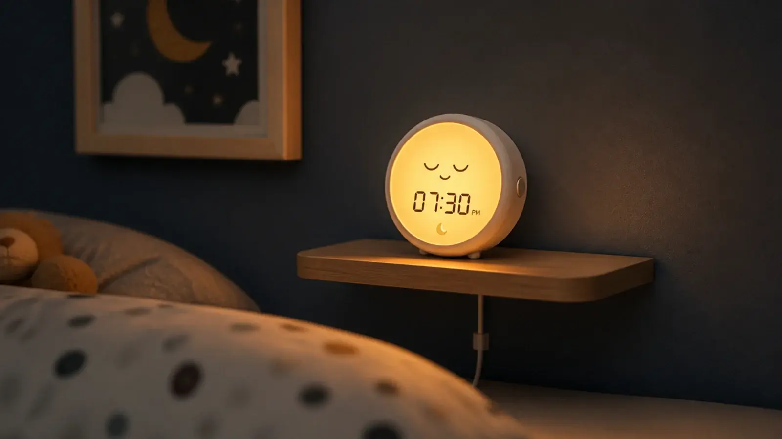 small toddler sunrise clock glowing amber on a low anchored shelf