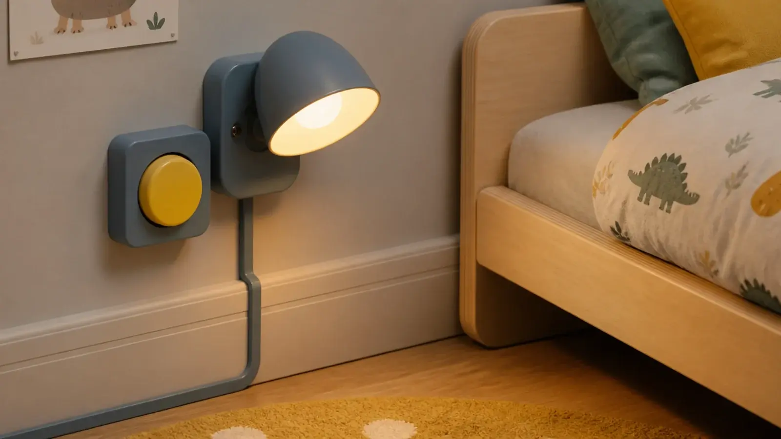 small wall lamp with a large push switch within reach of a low bed