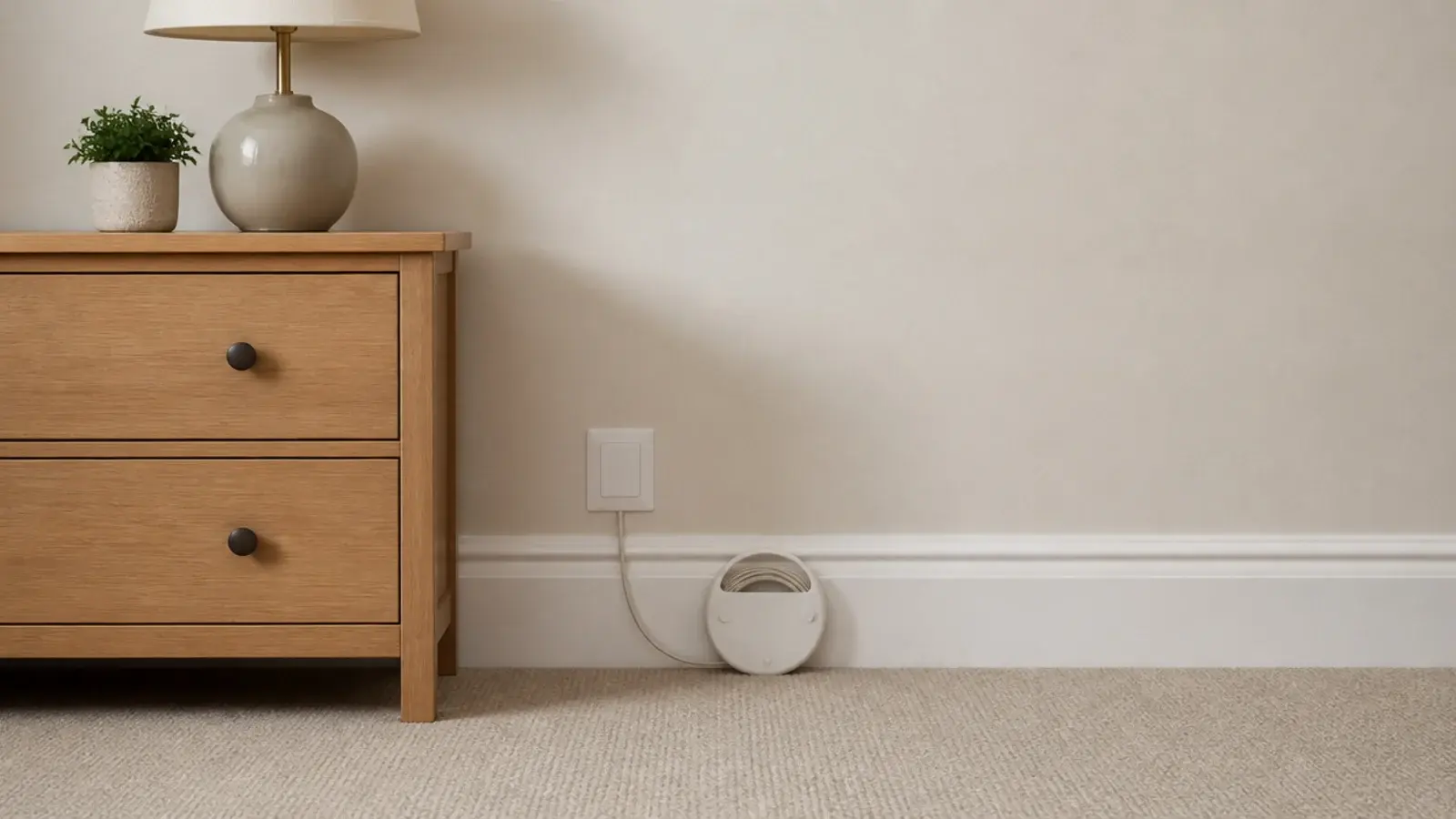 flat socket cover and a wound cord shortener behind a low dresser