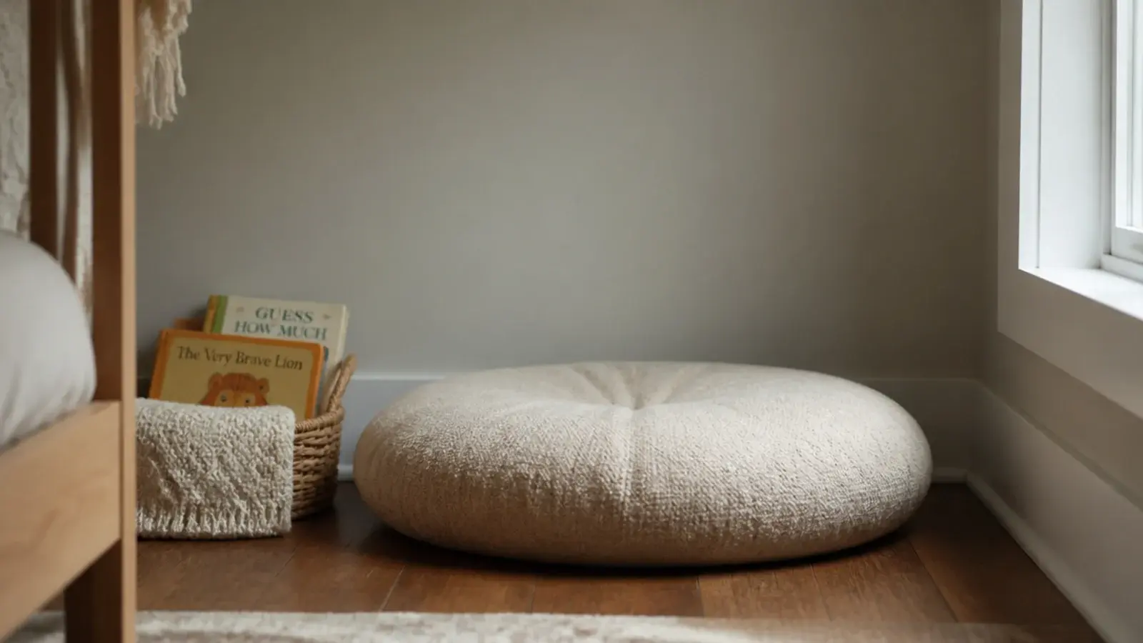 quiet corner with a single floor cushion and a small basket of books