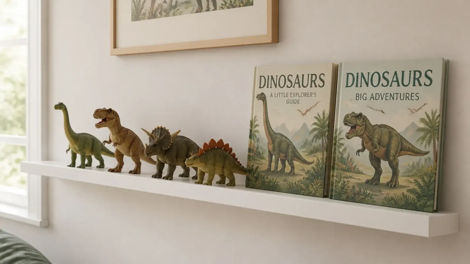 shallow ledge displaying dinosaur figures and two matching picture books