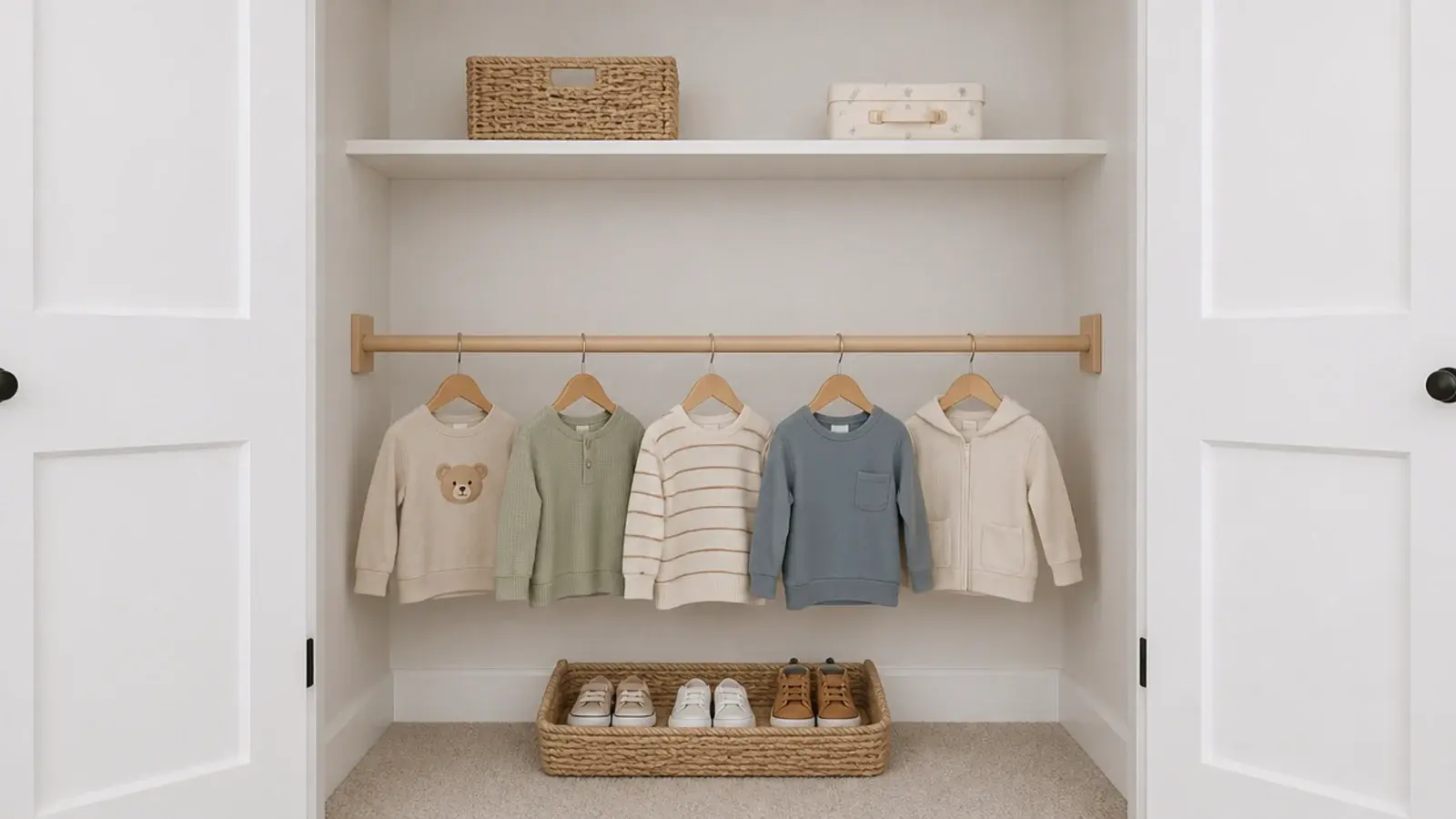 lowered closet rail with small dresses hanging within a toddler reach