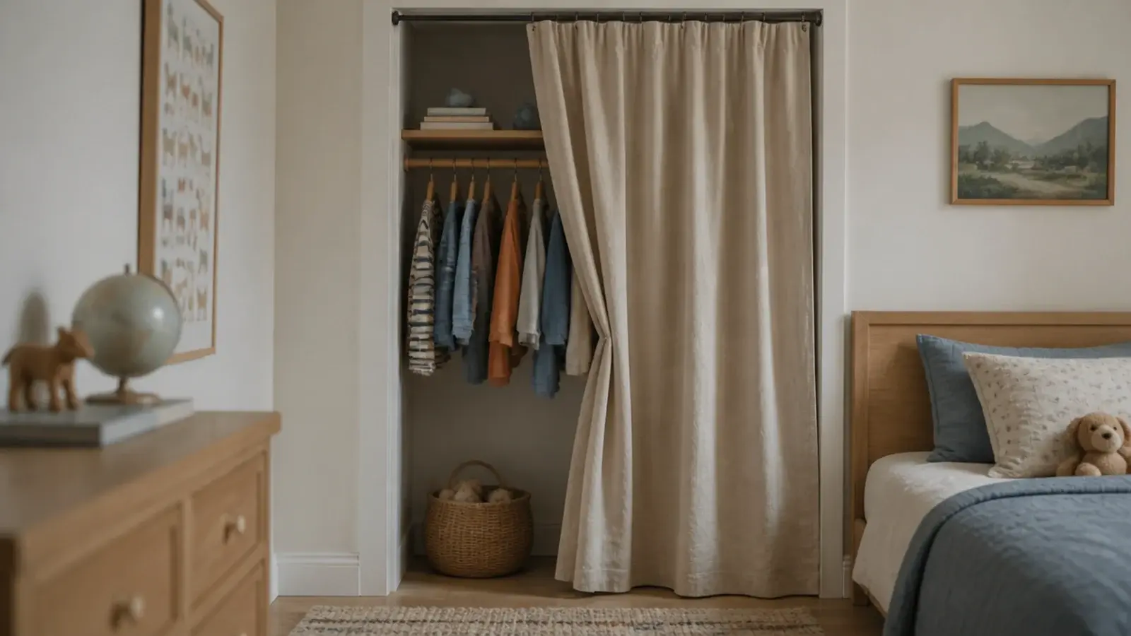 linen curtain hung across a closet opening in a child bedroom
