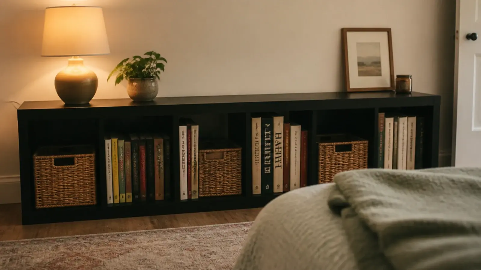 tall bookcase turned horizontal and used as a long low shelf
