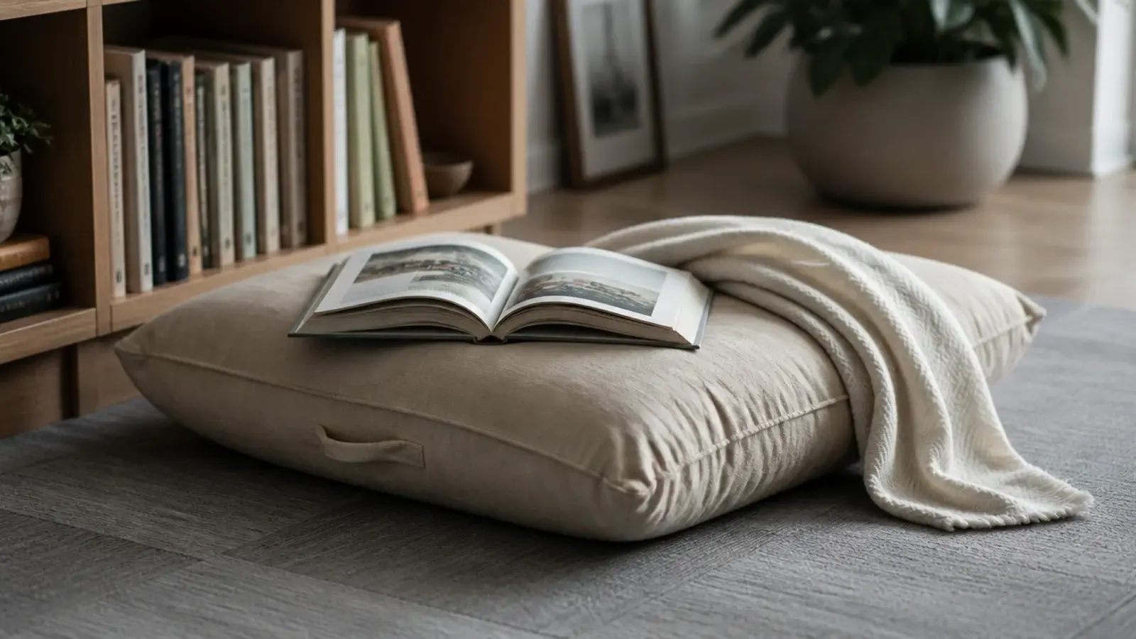 large square floor cushion in washed cotton beside a low bookshelf