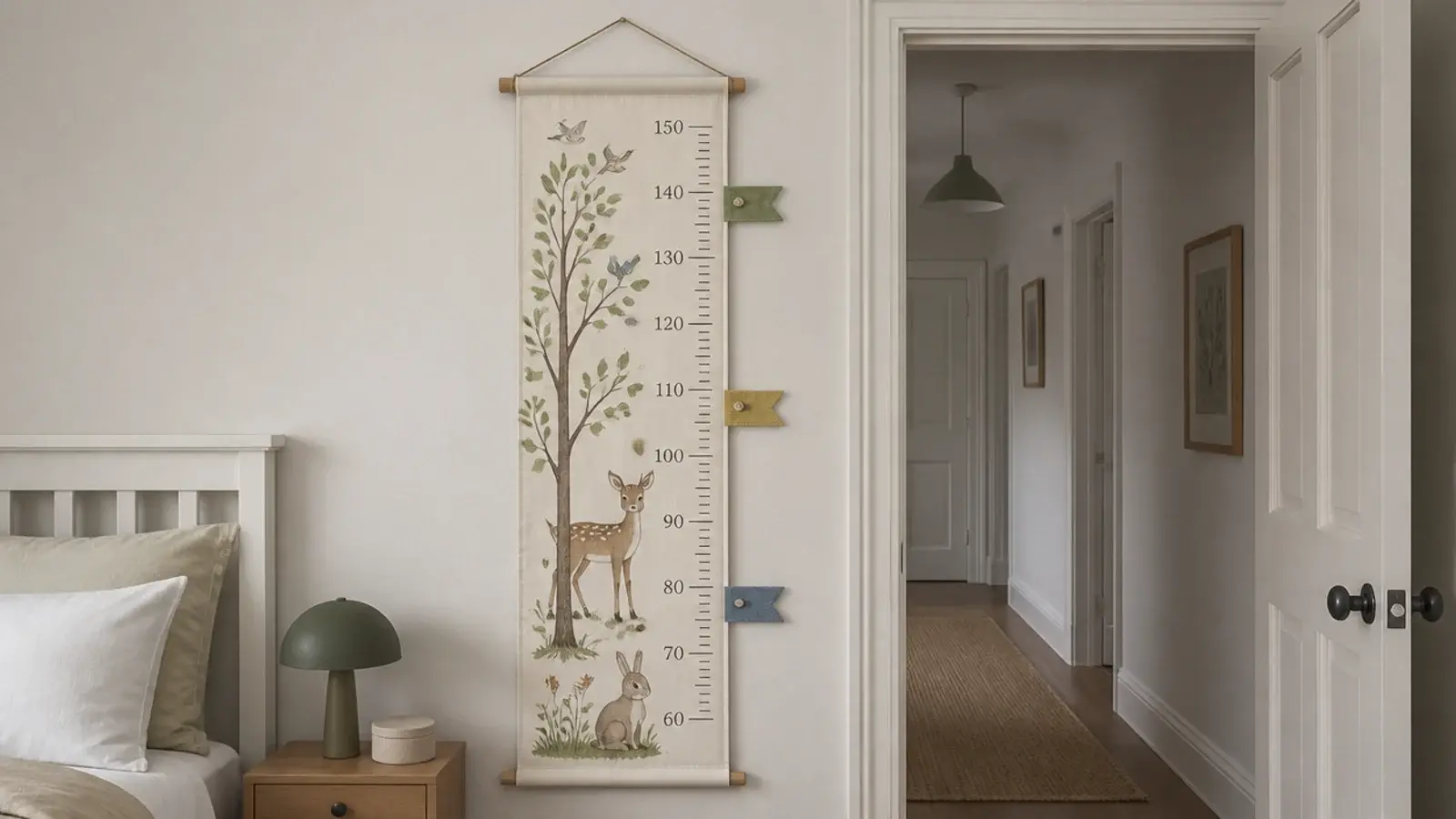 canvas height chart hung beside a bedroom doorway with marked ribbons