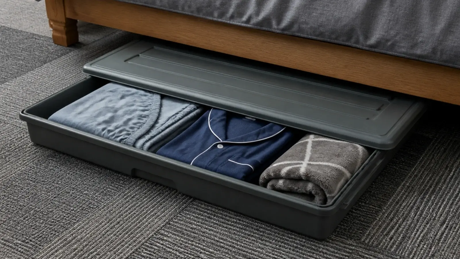shallow under bed box holding spare sheets and a folded blanket