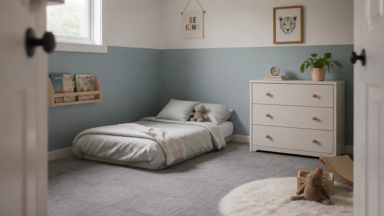 practical girl toddler bedroom with corner floor bed and carpet tiles