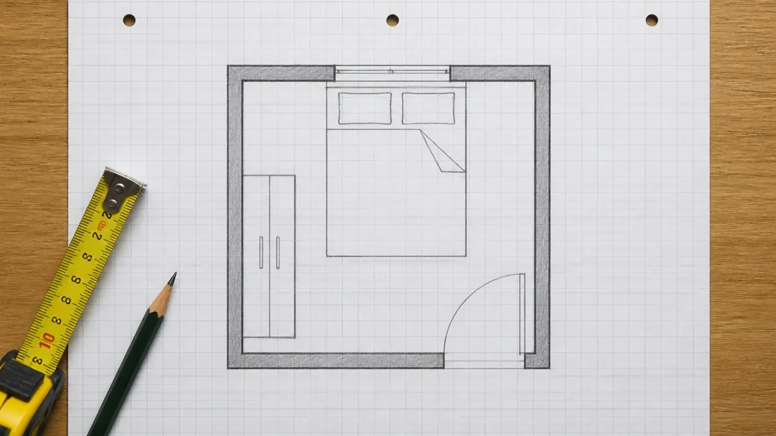 hand drawn floor plan on graph paper with door swing arc marked