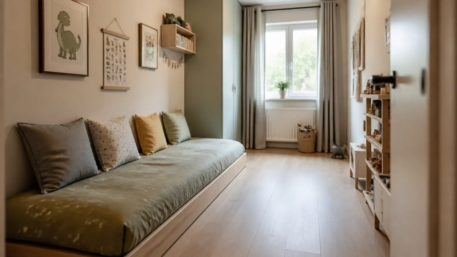 single bed pushed long side to the wall in a narrow bedroom