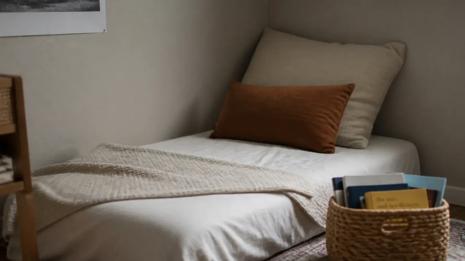 floor mattress fitted into a corner with walls on two sides