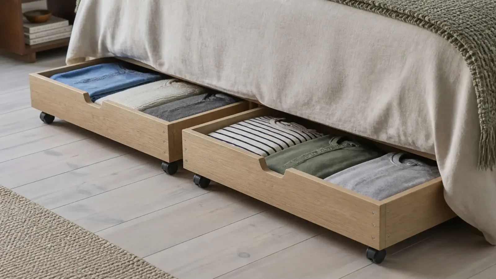 two shallow drawers rolled out from beneath a low single bed