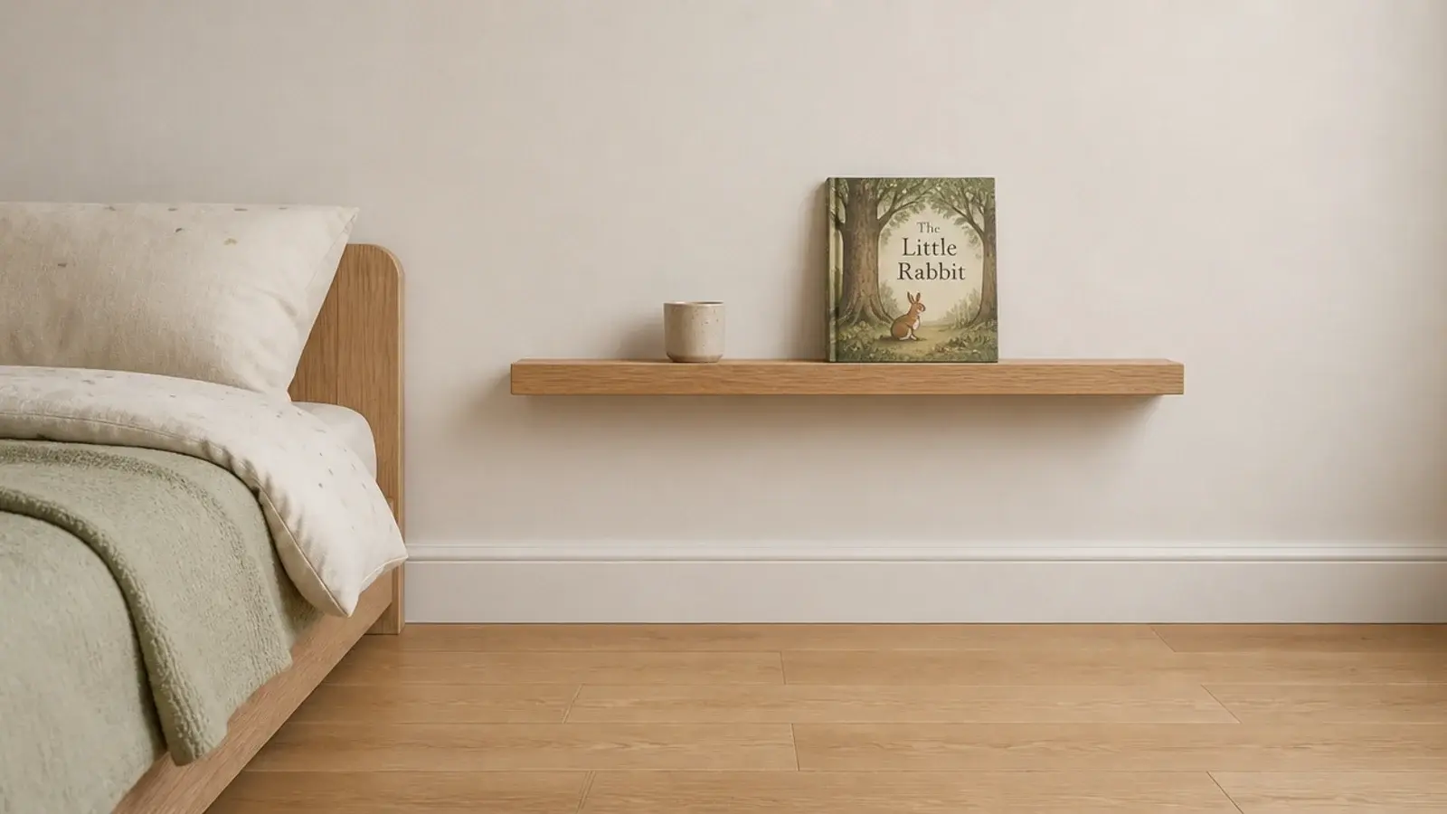 slim oak shelf mounted beside a bed holding a cup and one book
