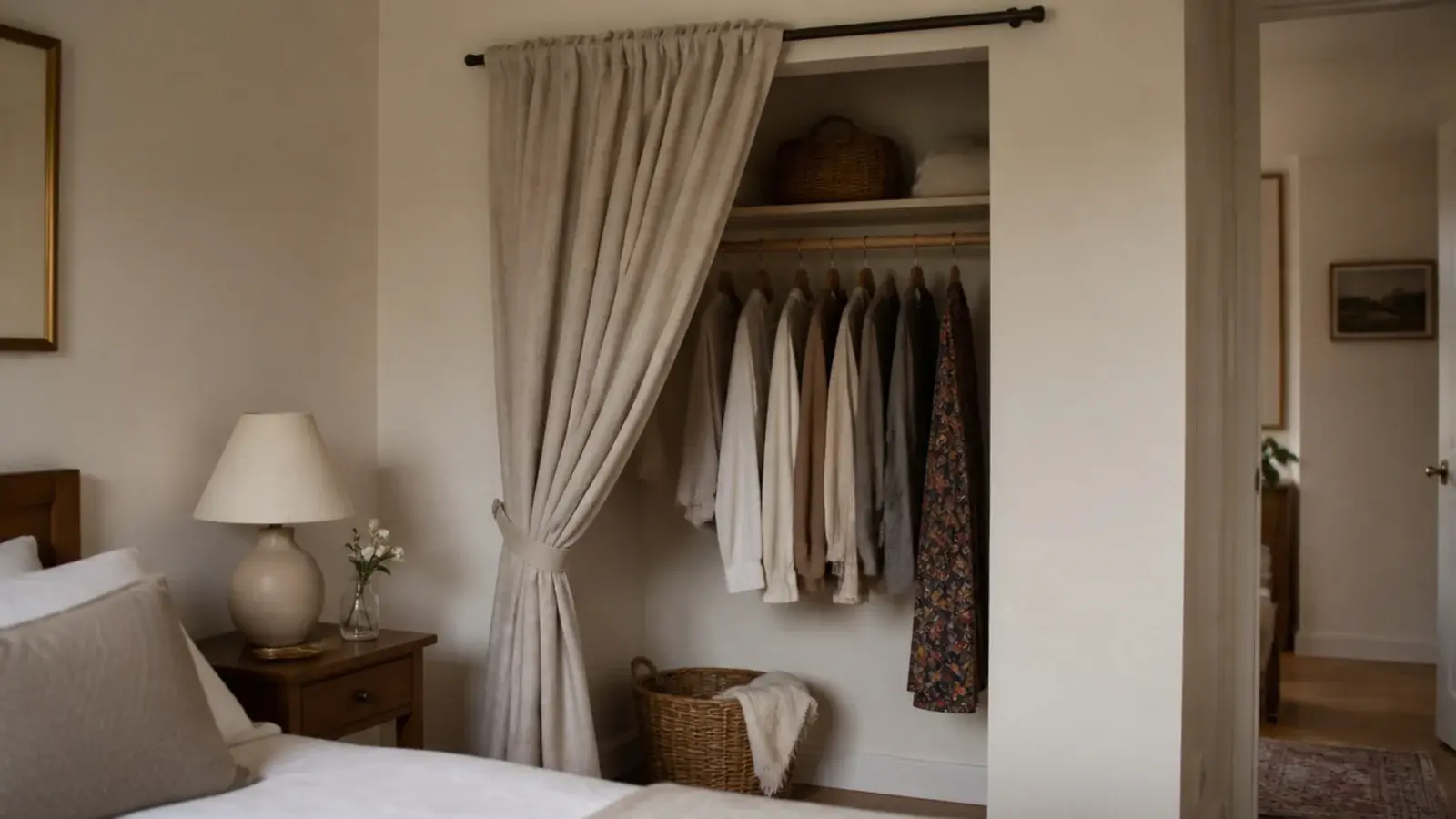 closet opening dressed with a linen curtain instead of hinged doors