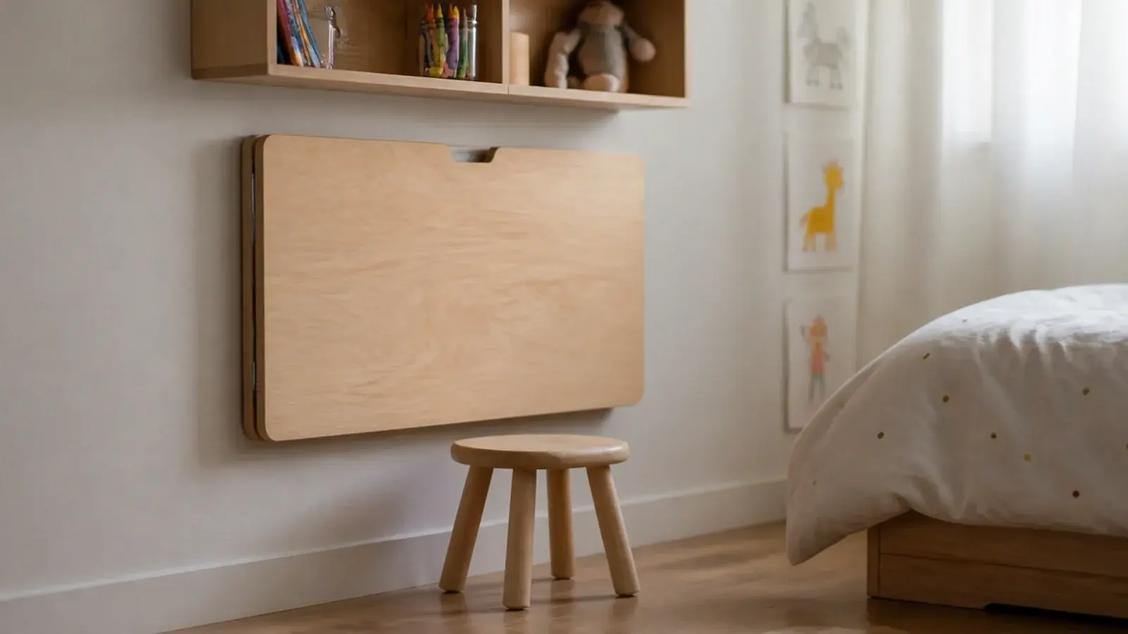 small drop down table folded flat against a bedroom wall