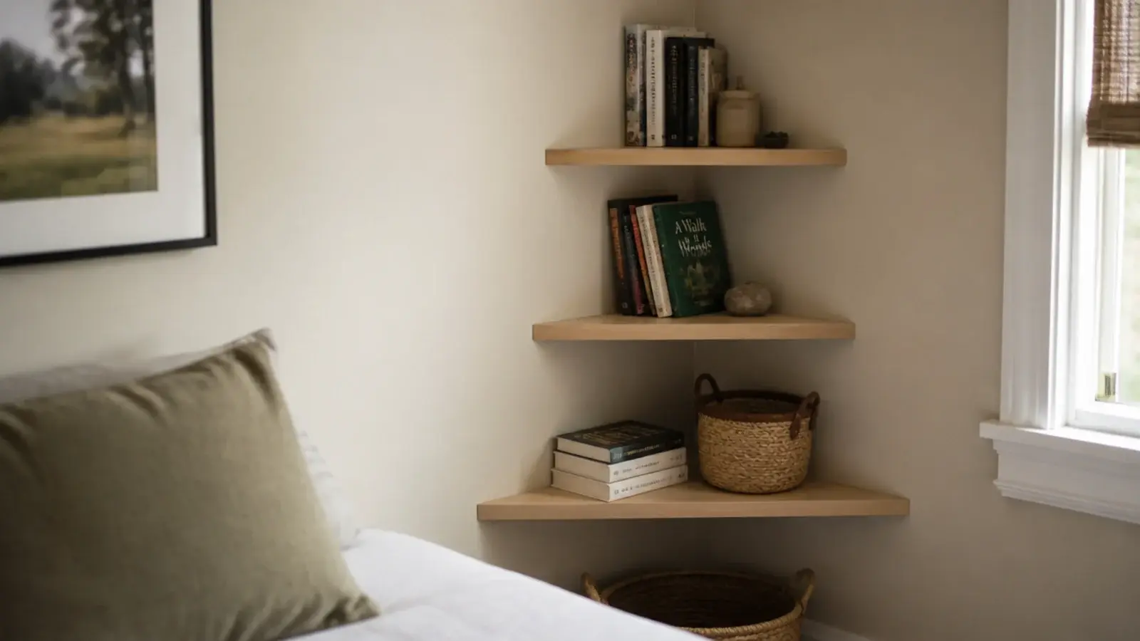 stack of triangular corner shelves fitted into an unused bedroom corner