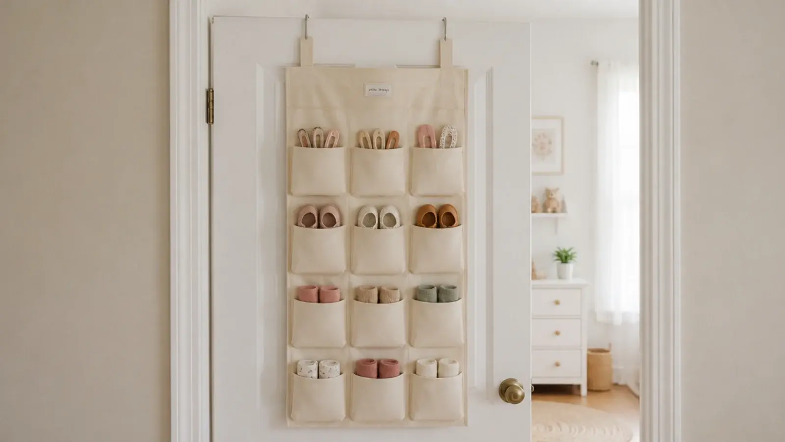 fabric pocket organiser hanging on the back of a bedroom door