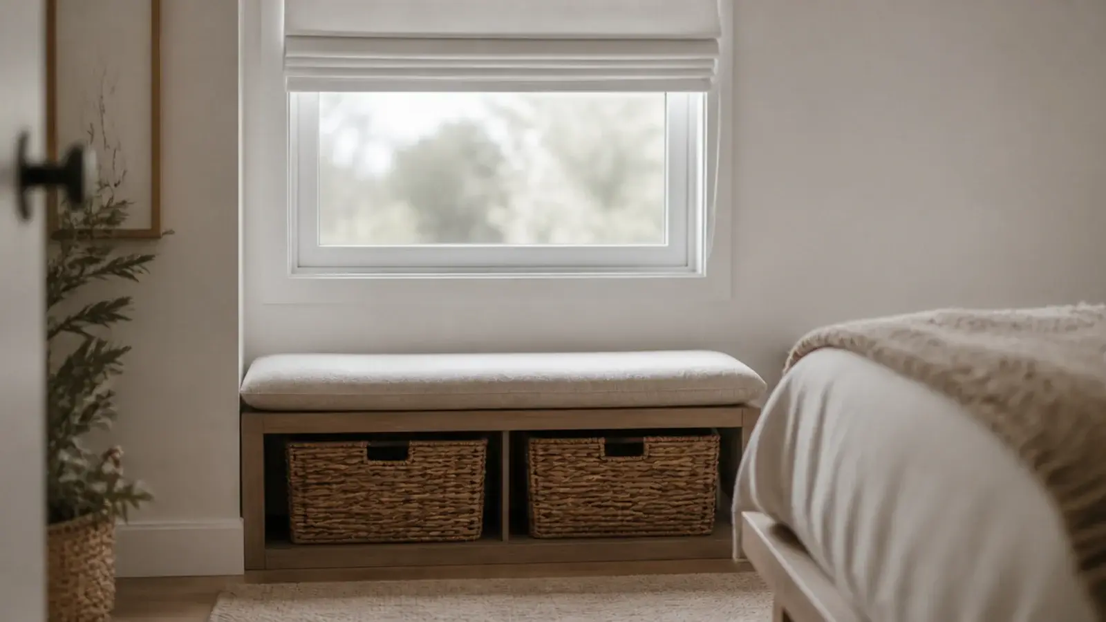 low bench under a window with two woven bins pushed underneath