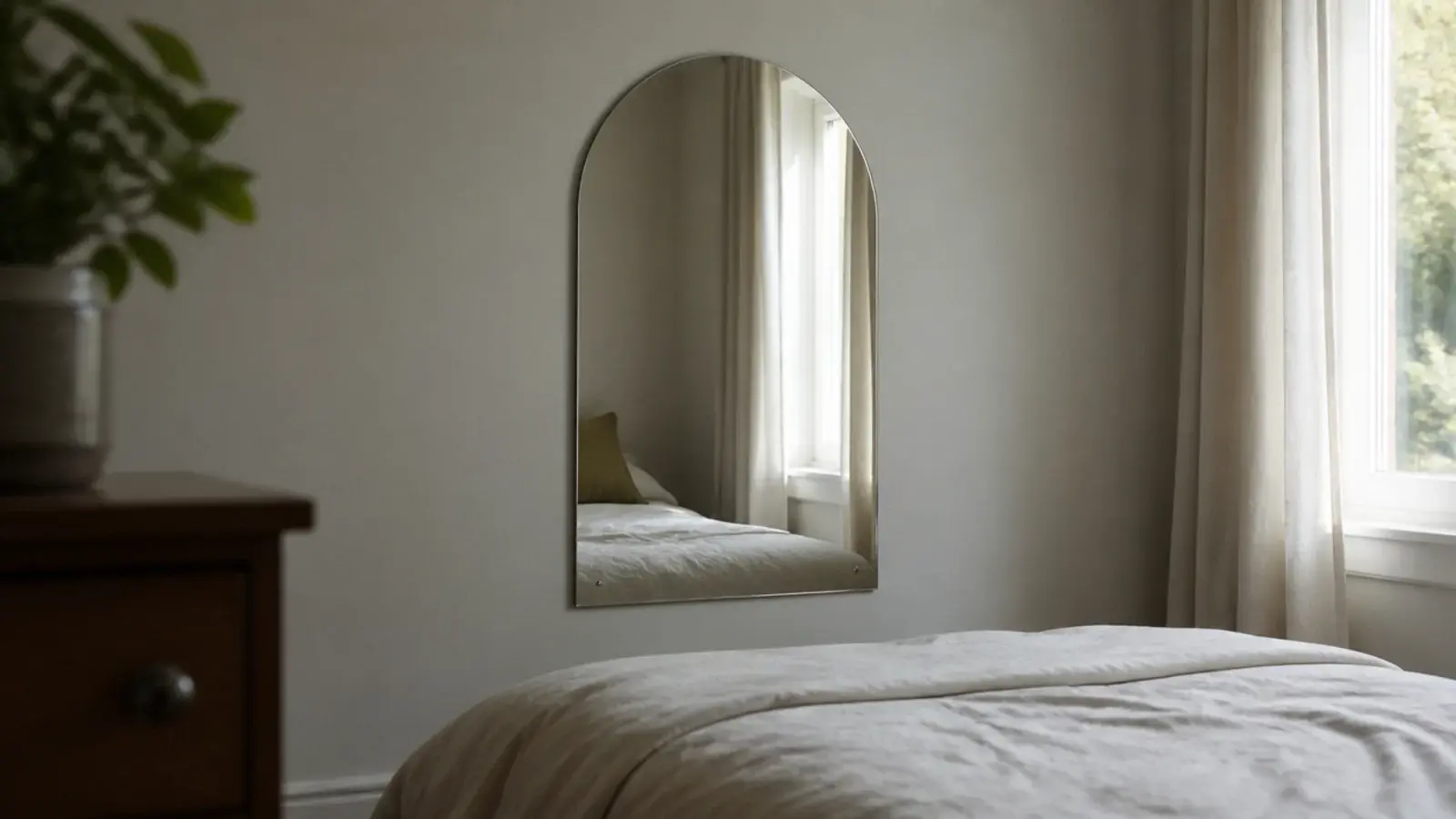acrylic mirror fixed to the wall reflecting a small bedroom window