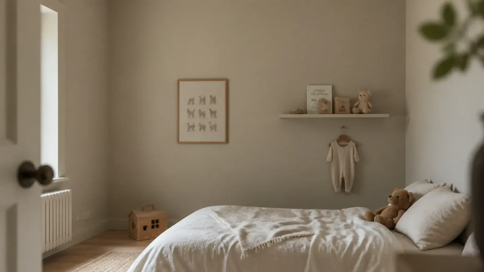 small bedroom painted in one pale tone across walls and ceiling