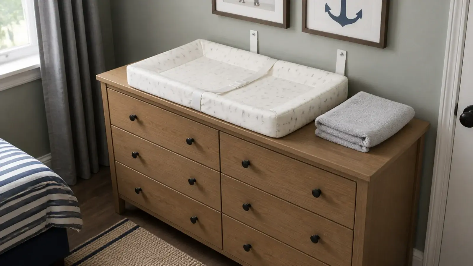 changing mat resting on top of a low wide chest of drawers