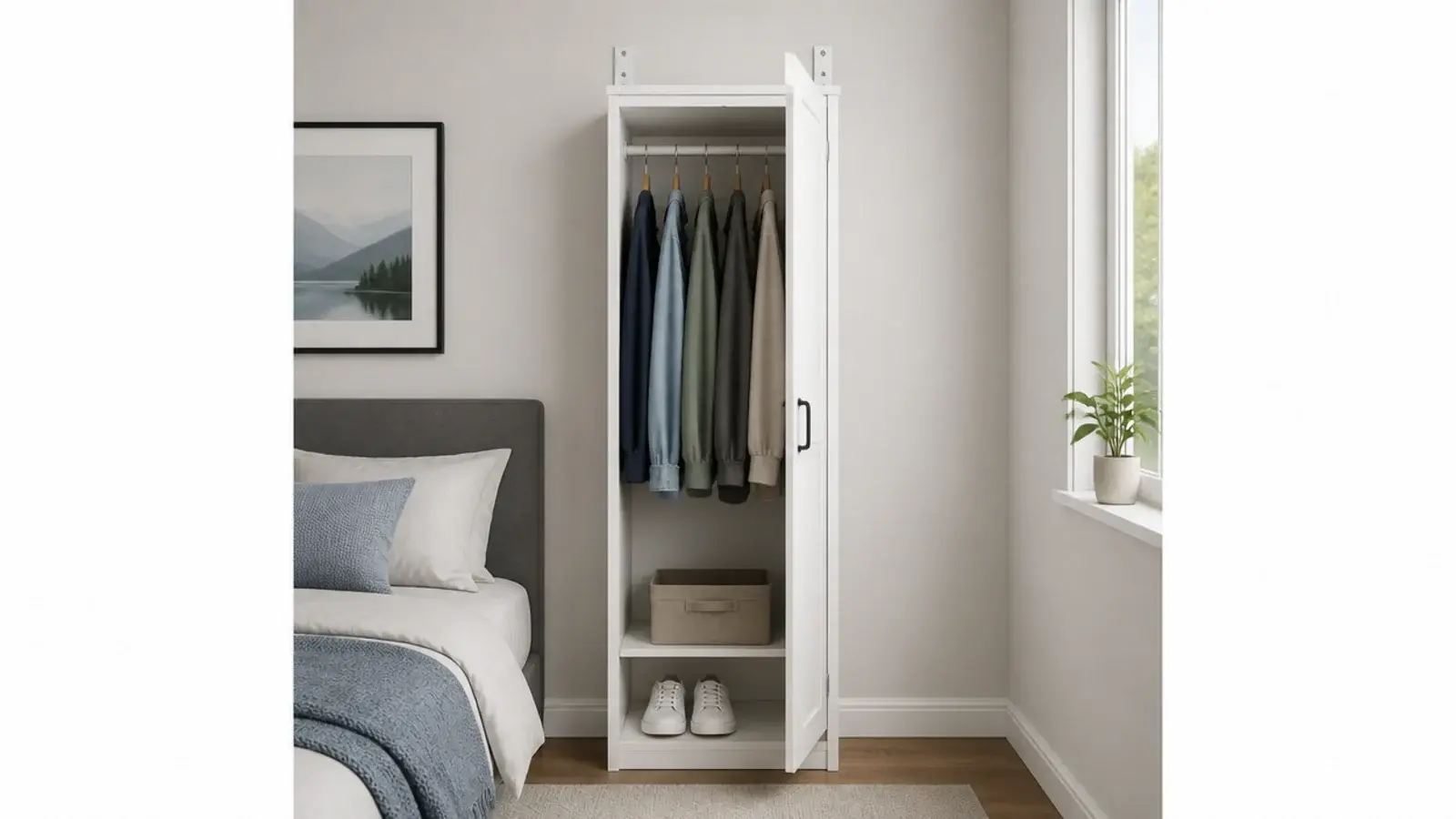 narrow shallow wardrobe fitted against the wall of a small bedroom