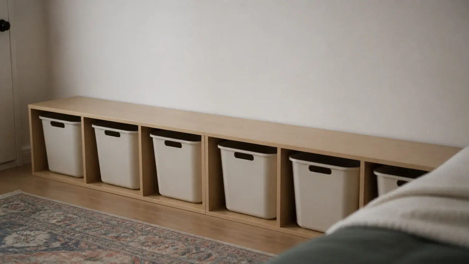 low storage unit capped at waist height along a small bedroom wall