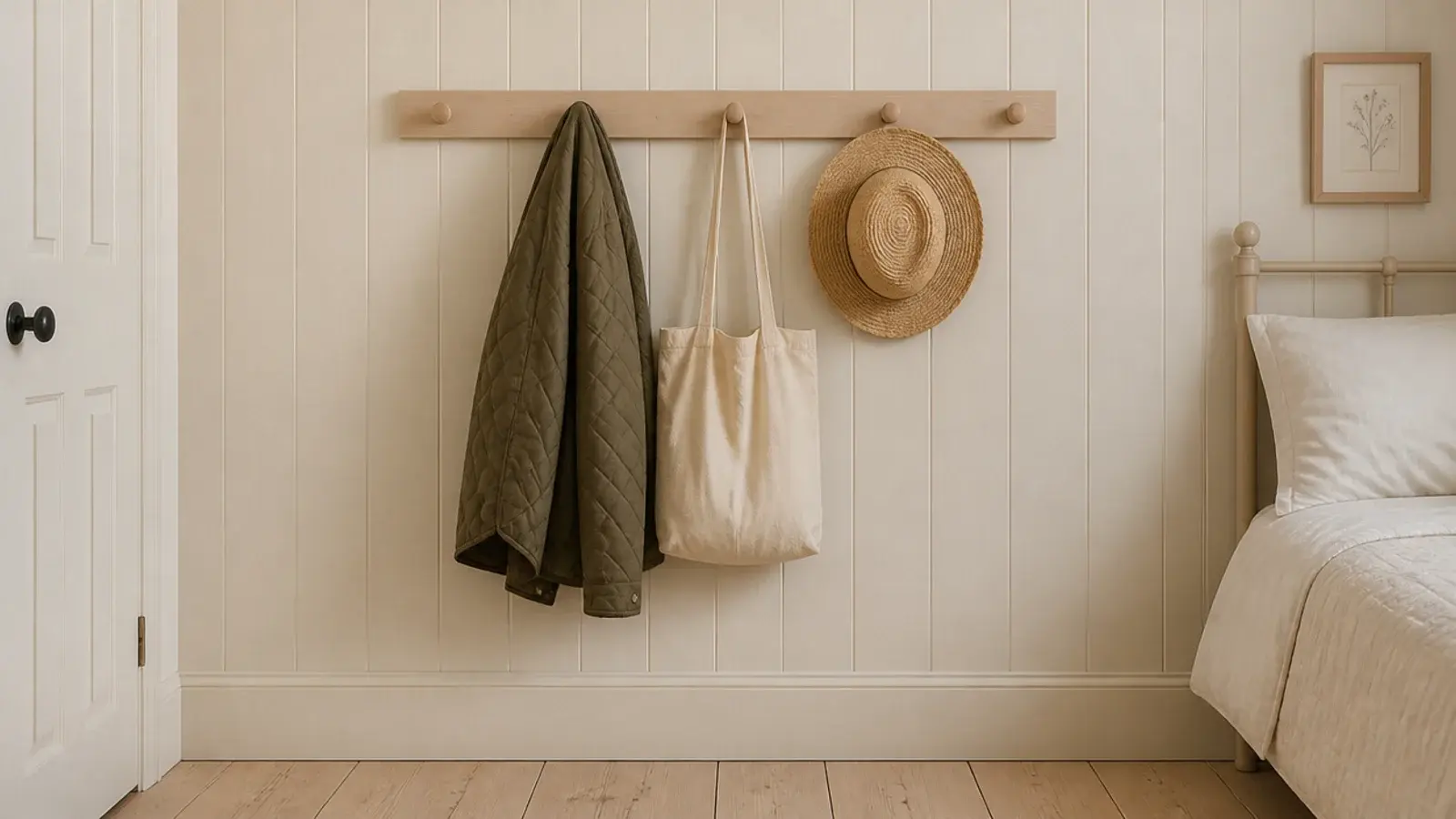 row of wooden pegs on a wall holding a coat bag and hat