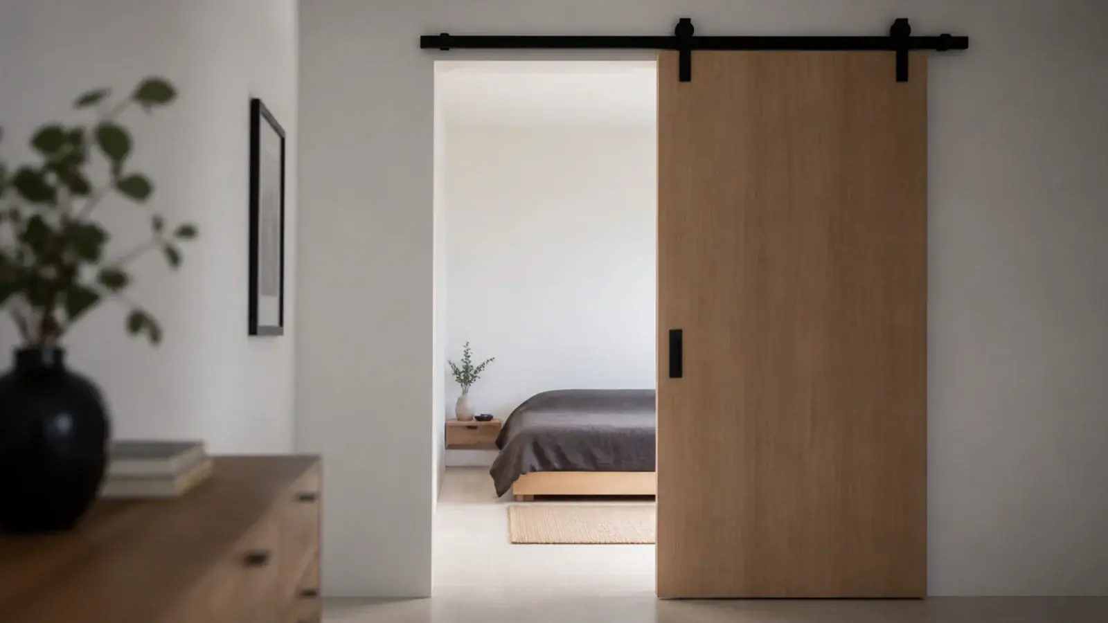 sliding barn style door fitted across a small bedroom doorway