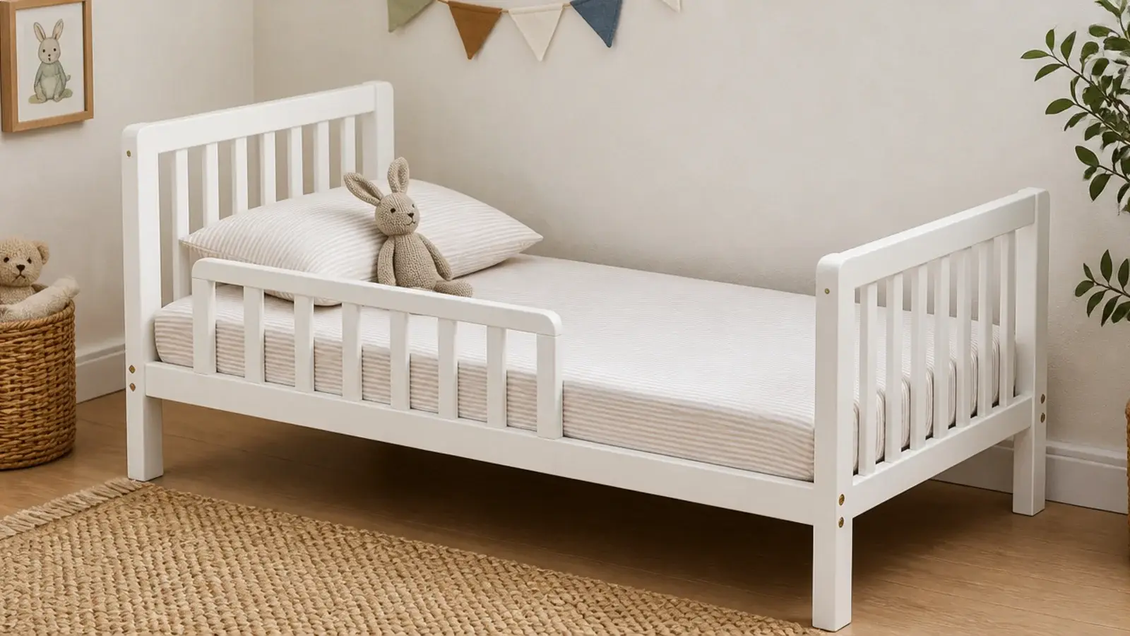 converted cot with one side removed serving as a toddler bed