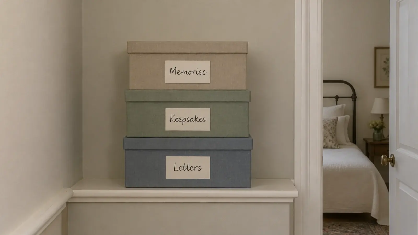 labelled storage boxes stacked on a high shelf outside the bedroom