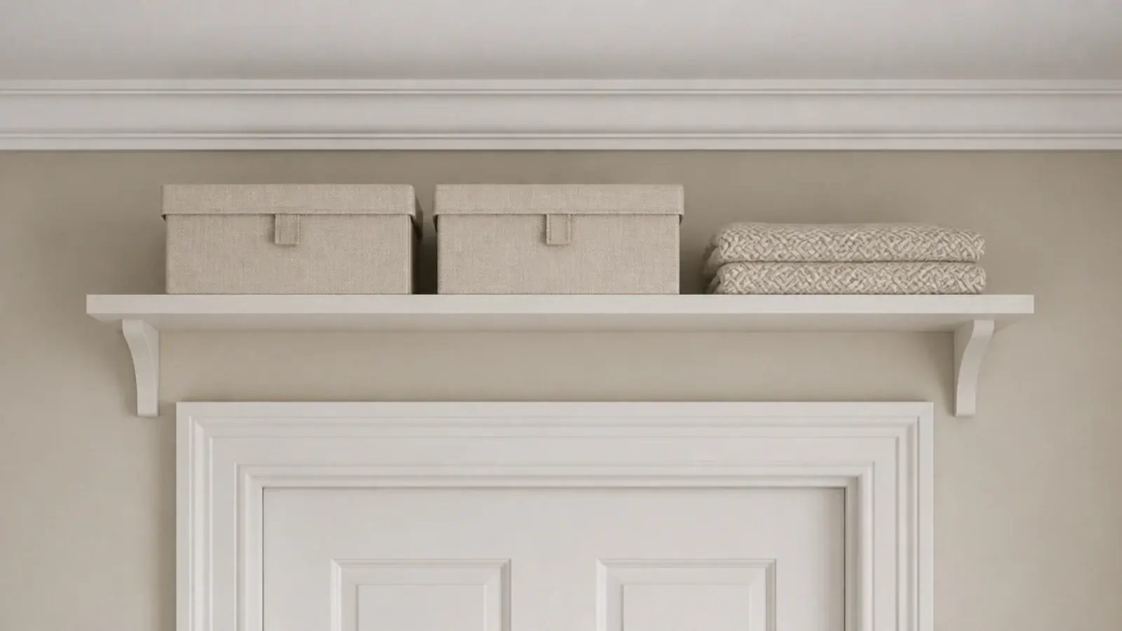 narrow shelf fitted high above a bedroom doorway holding boxes