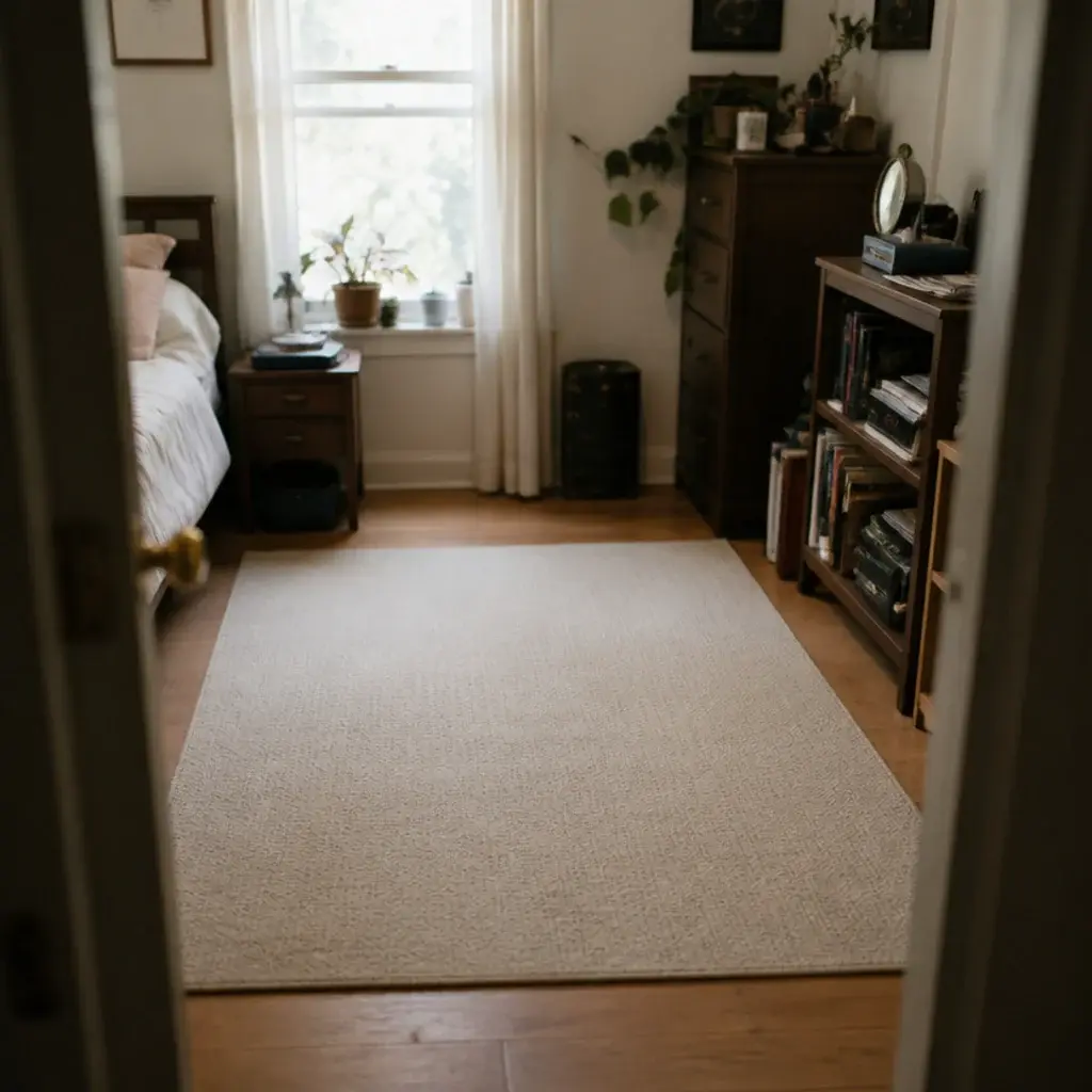 clear rectangle of open floor marked out in a small bedroom