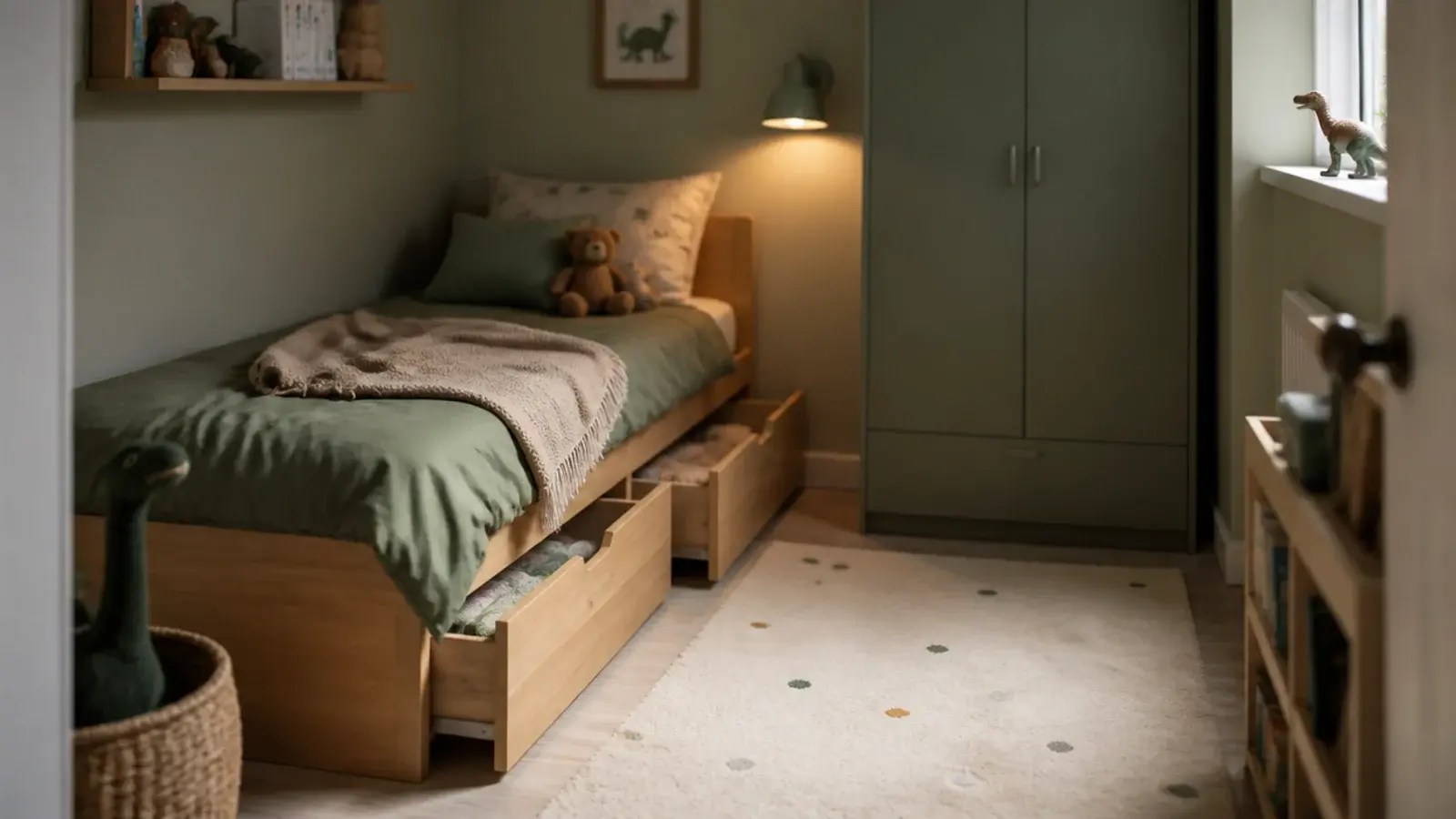 small toddler girl bedroom with a corner bed and clear play floor