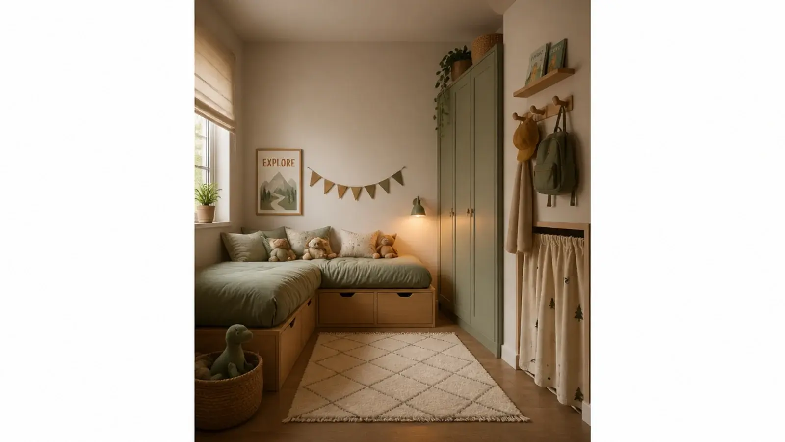tall small toddler girl bedroom with corner bed slim wardrobe and peg rail