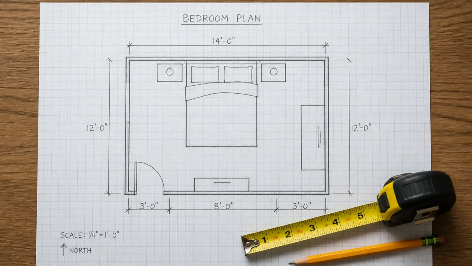 sketched room plan on graph paper beside a tape measure and pencil