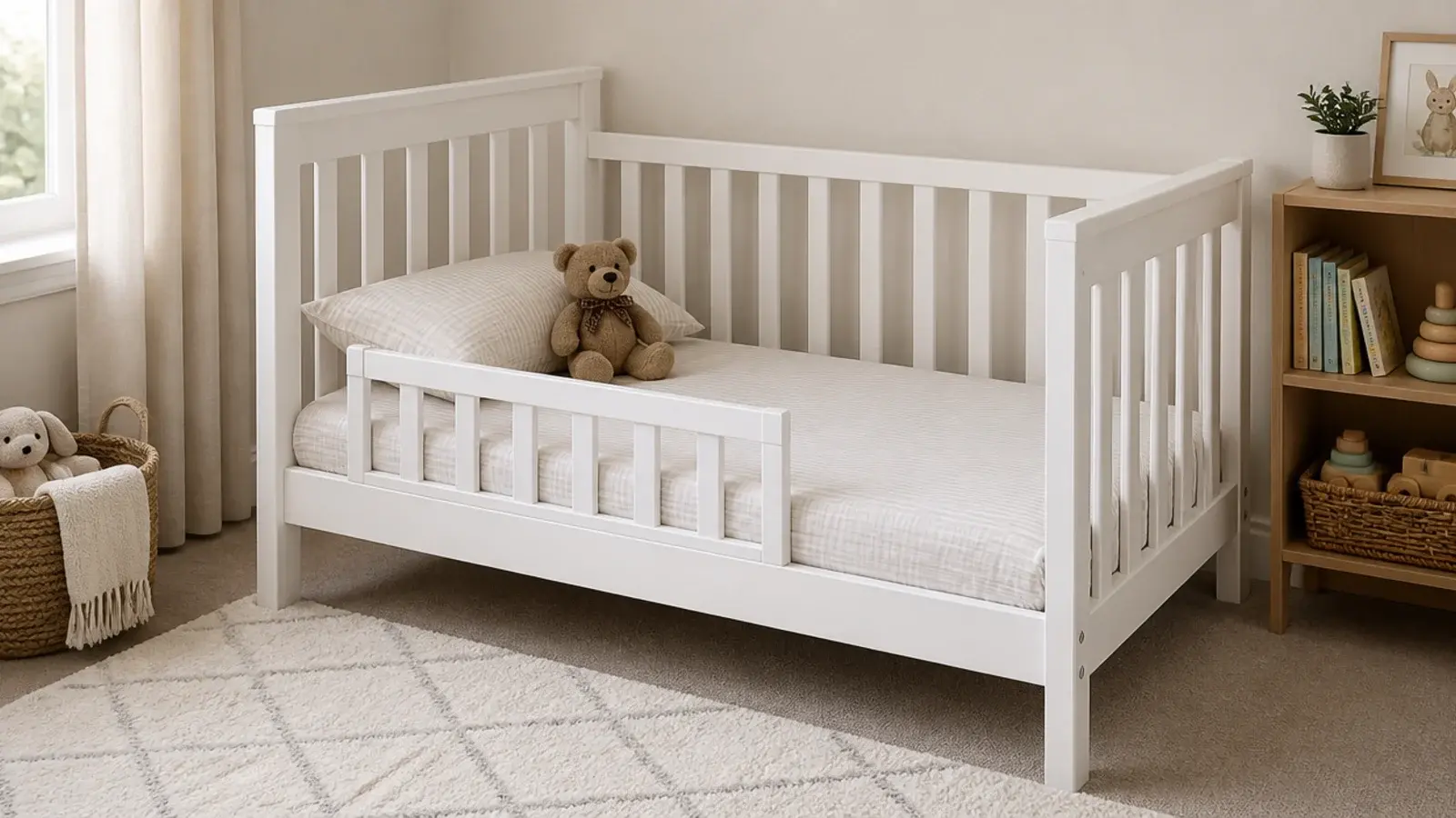 cot with one side removed and a toddler rail fitted in its place