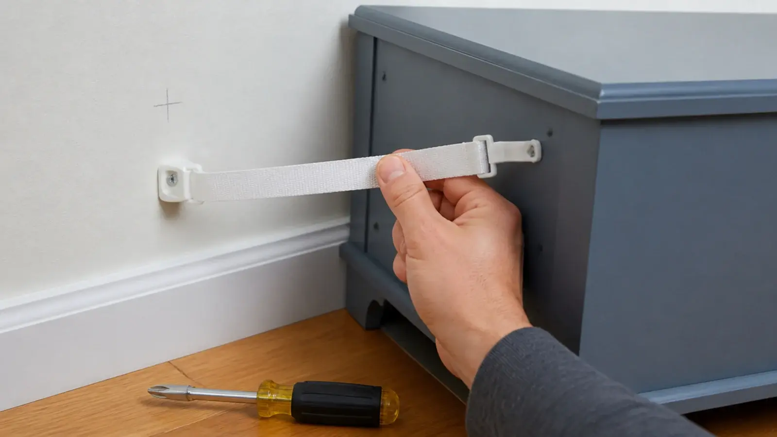 hand tightening a nylon anchor strap behind a low secondhand dresser