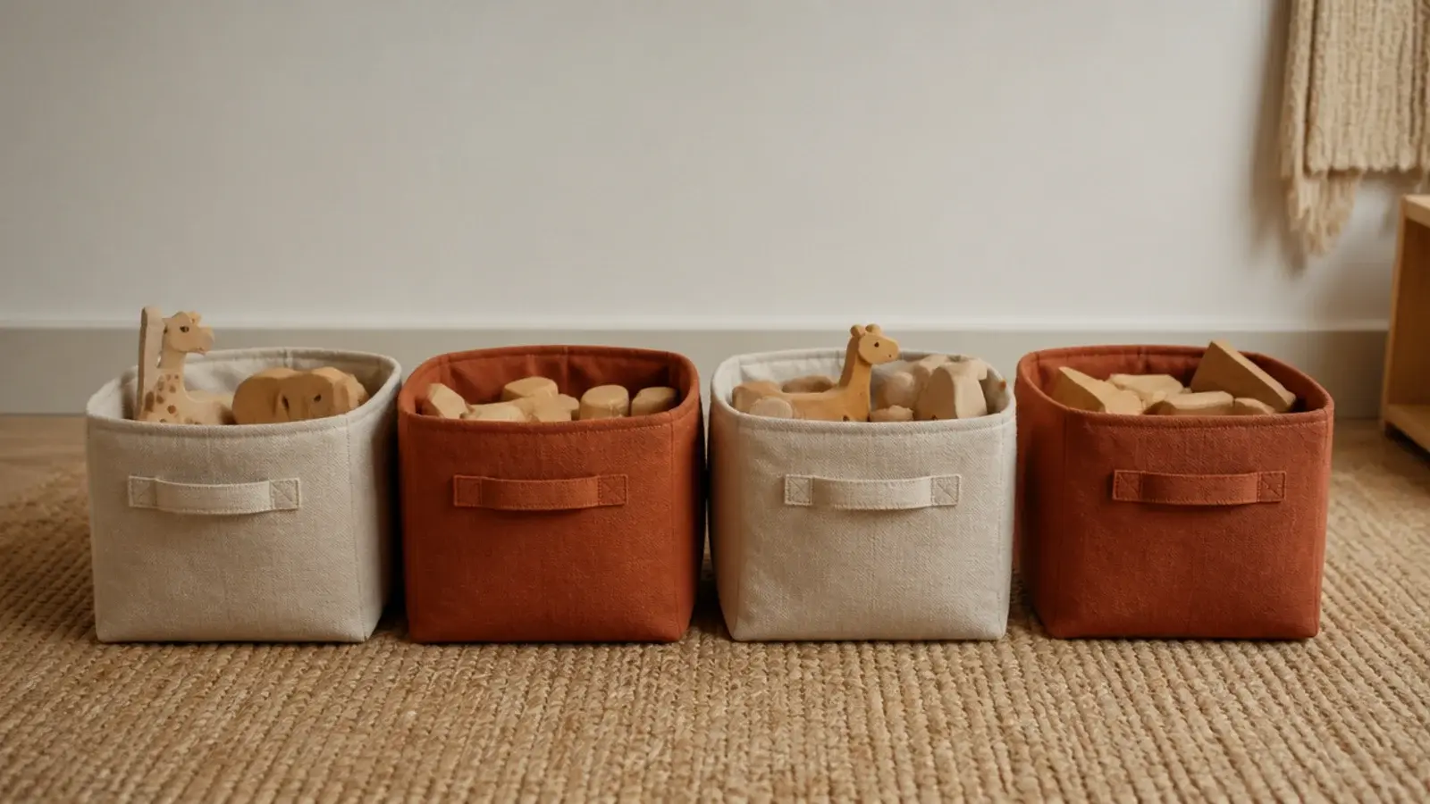 four soft fabric storage bins lined up on the floor of a child room