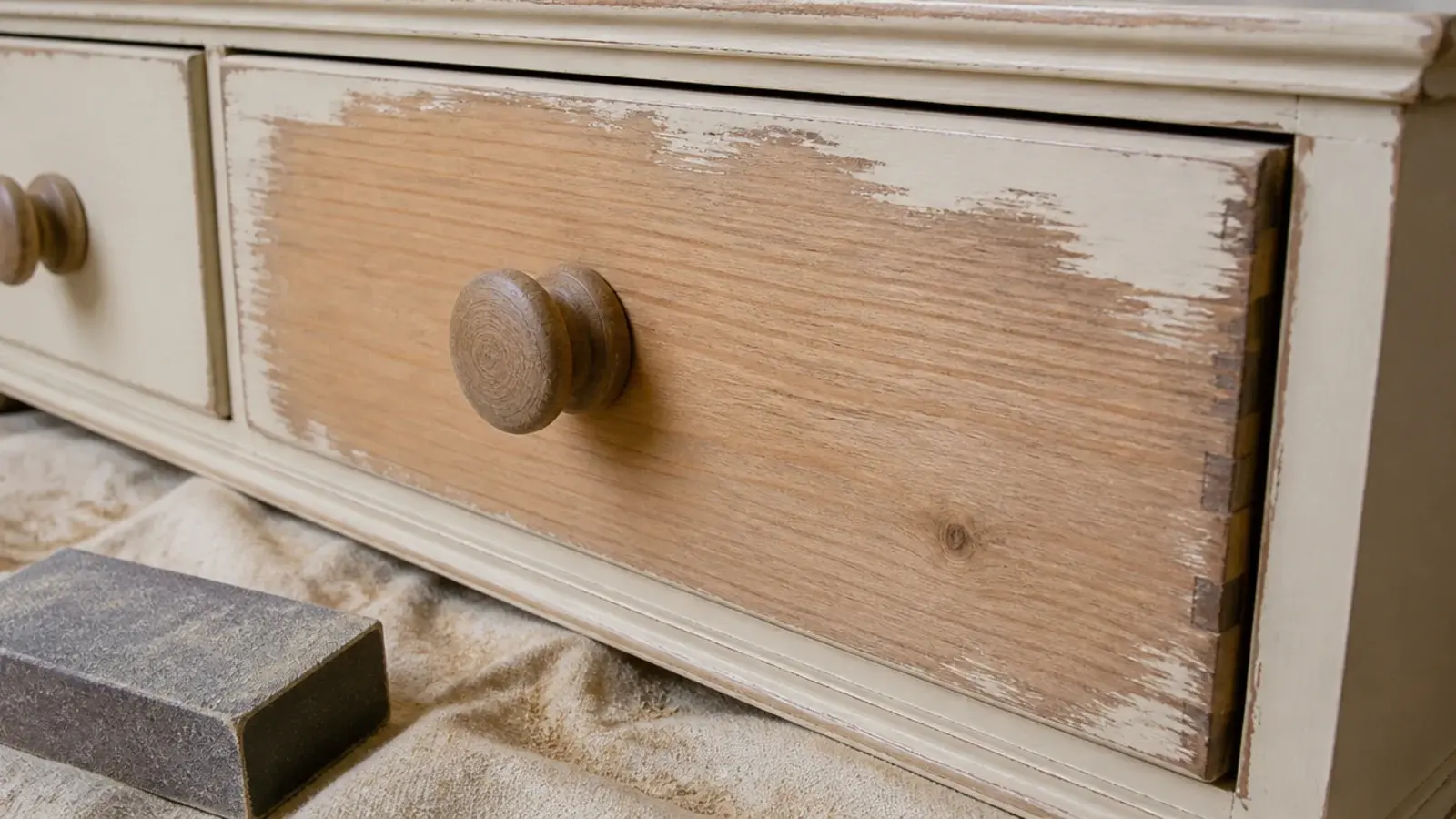 part sanded wooden dresser showing bare timber under old cream paint
